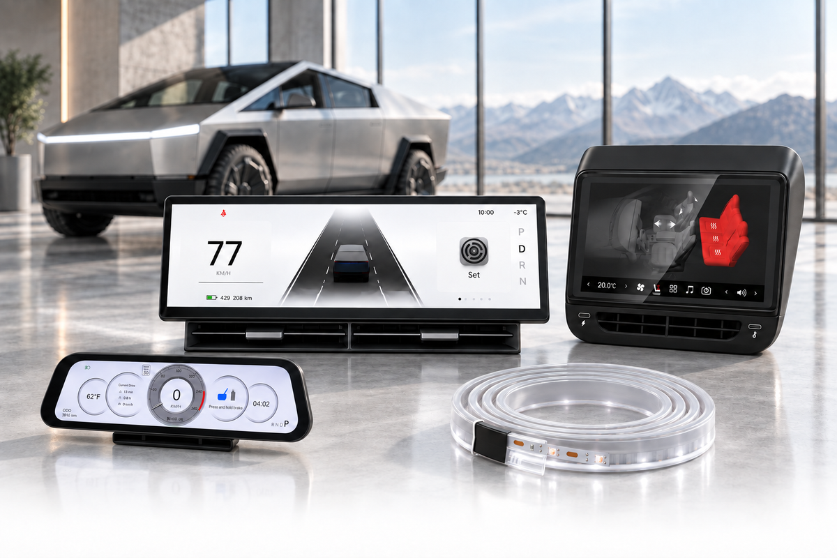 Tesla displays and white LED lighting with Cybertruck in a premium showroom