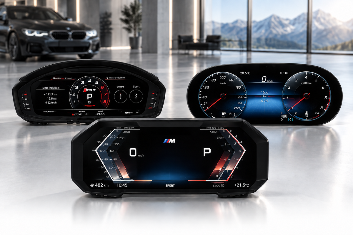 Digital instrument clusters with Audi RS7, BMW and Mercedes display designs in a showroom