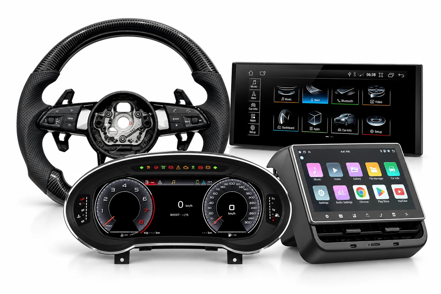 Custom steering wheel, Android screen, digital instrument cluster and Tesla rear-seat touchscreen