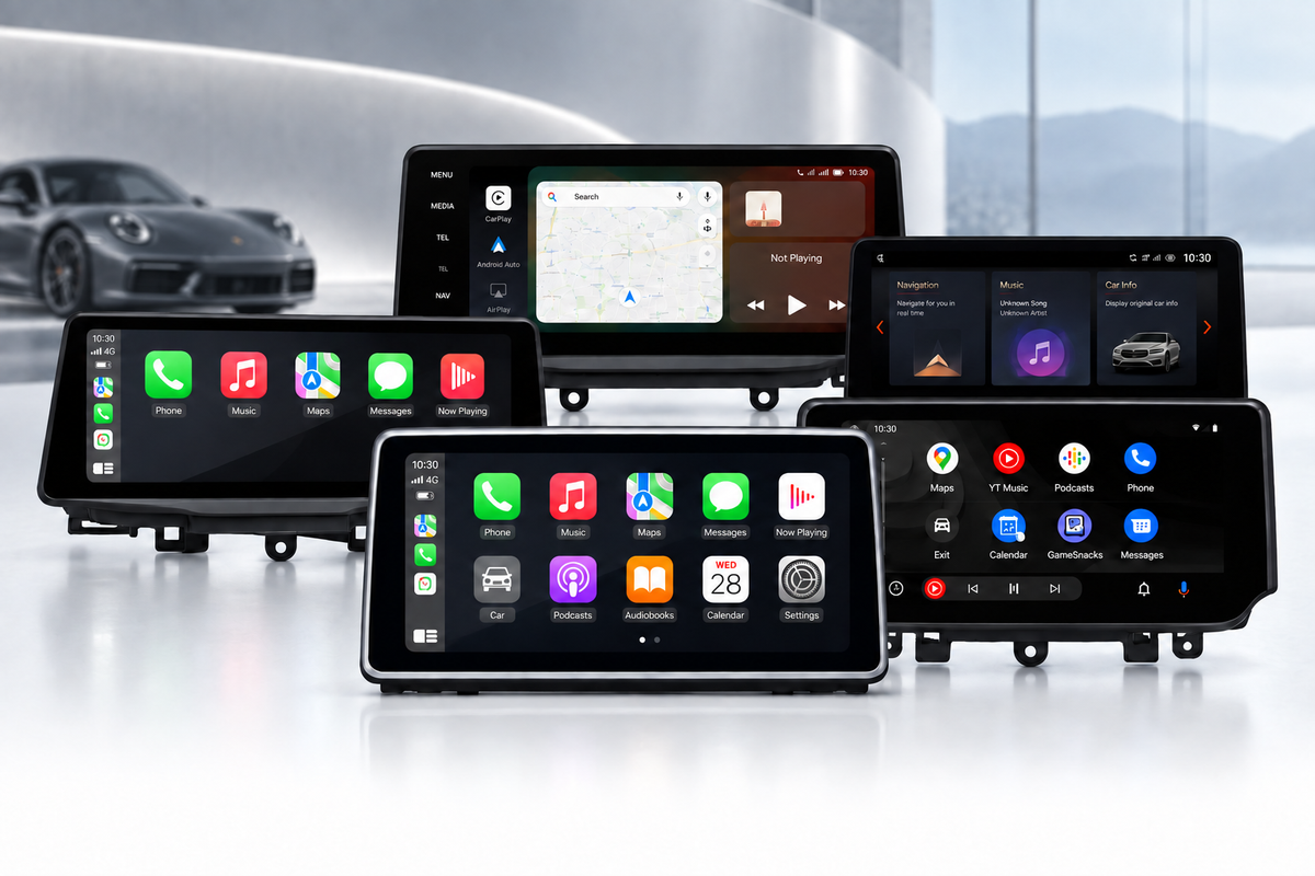 Five Android screens with a Porsche in a silver-grey showroom