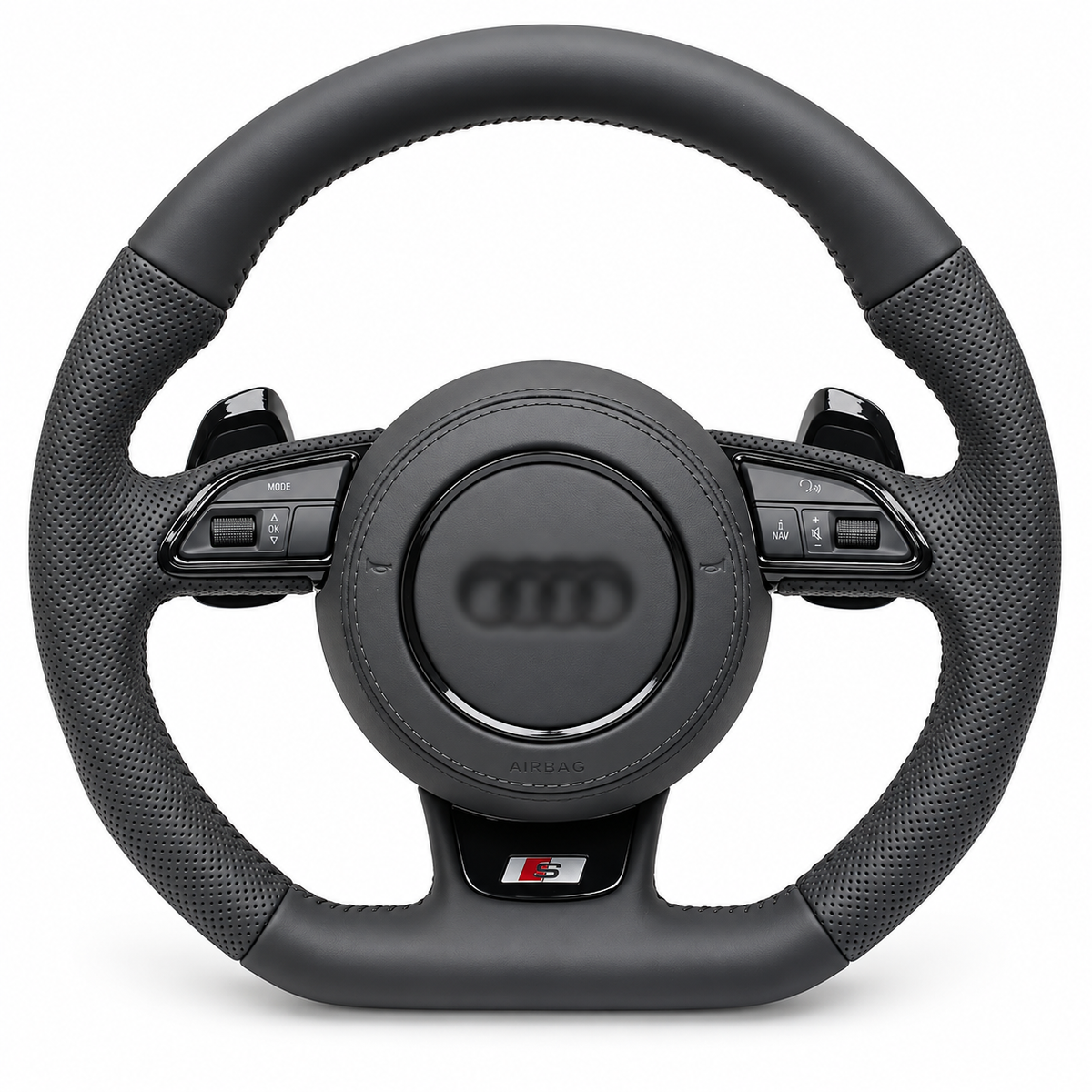 Audi B8 Flat-Bottom Sport Steering Wheel – Black Trim on white background; centre logo blurred