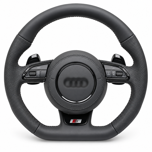 Audi B8 Flat-Bottom Sport Steering Wheel – Black Trim on white background; centre logo blurred