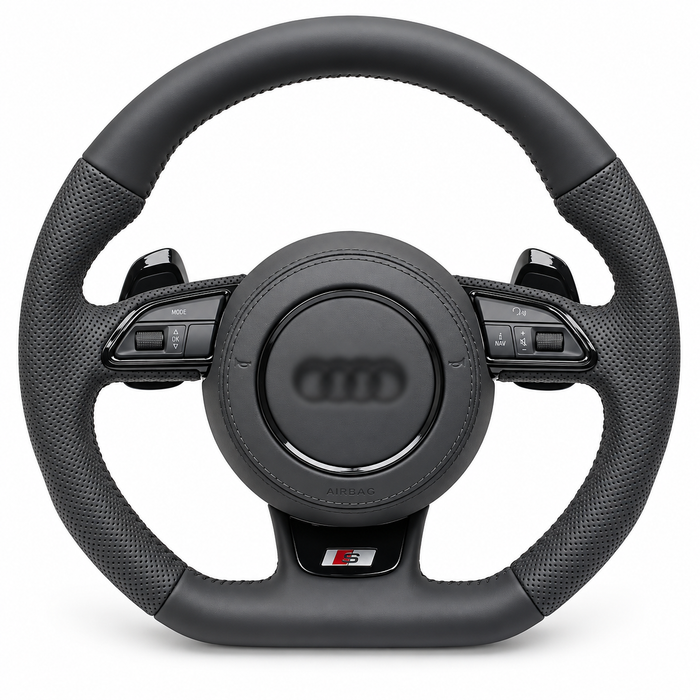 Audi B8 Flat-Bottom Sport Steering Wheel – Black Trim on white background; centre logo blurred
