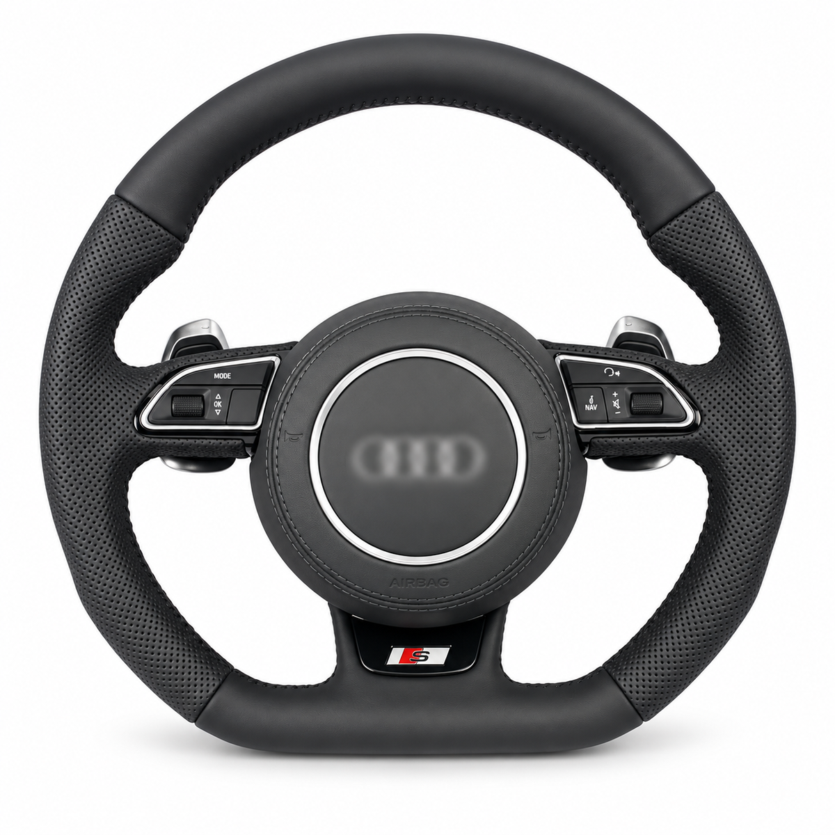 audi b8 silver detail steering wheel on white background, centre emblem blurred