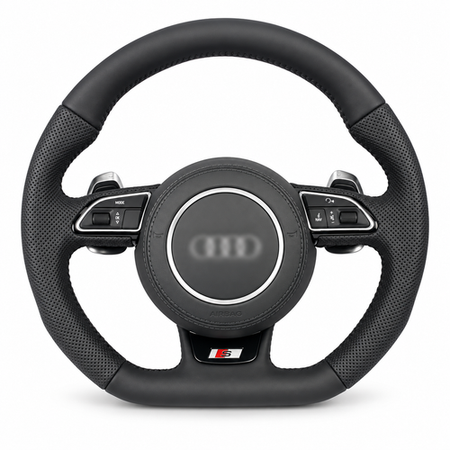 audi b8 silver detail steering wheel on white background, centre emblem blurred