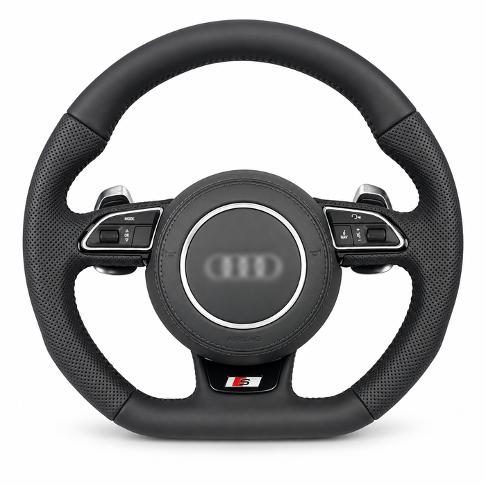 audi b8 silver detail steering wheel on white background, centre emblem blurred