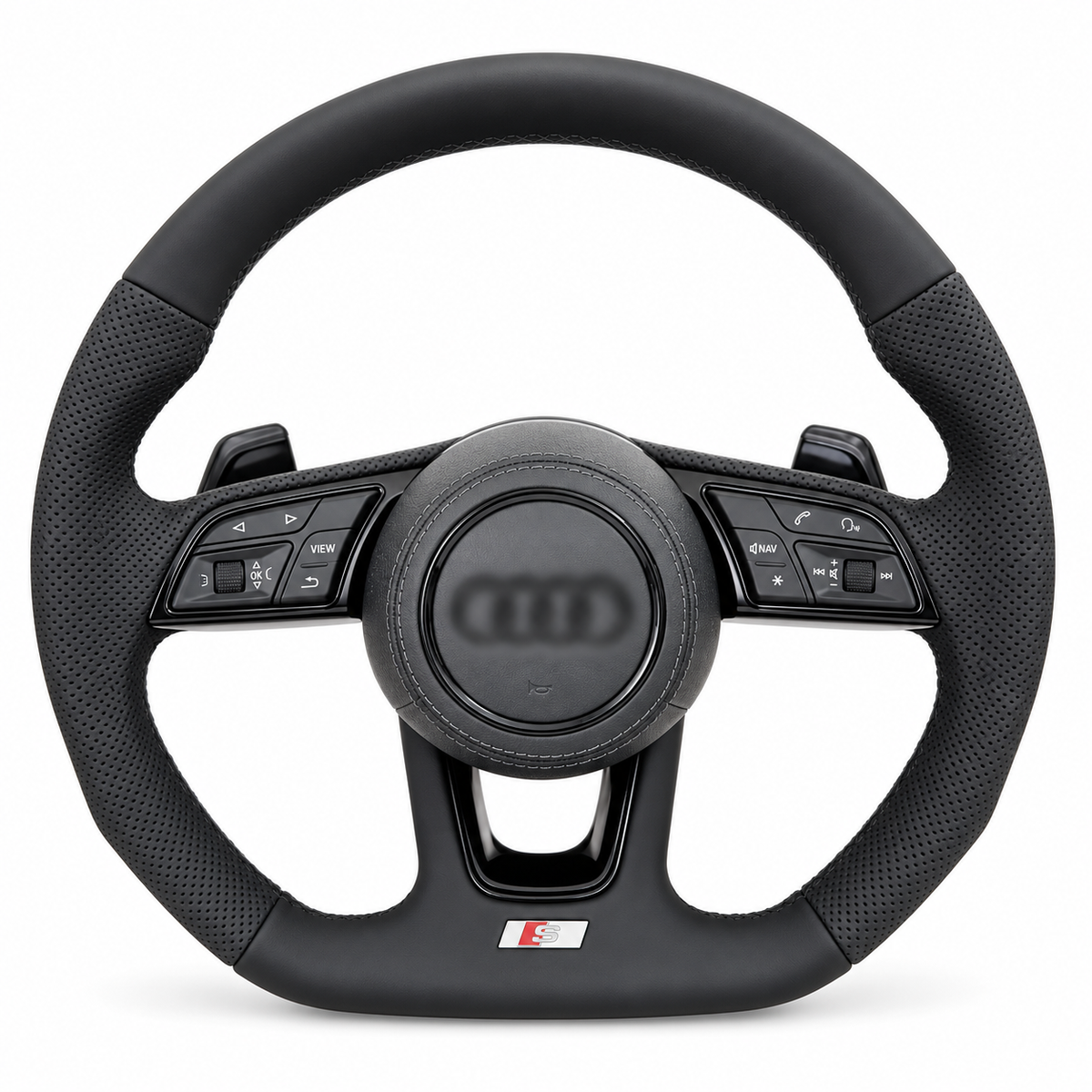 Audi B9 Flat-Bottom Sport Steering Wheel – Black Trim on white background; centre logo blurred