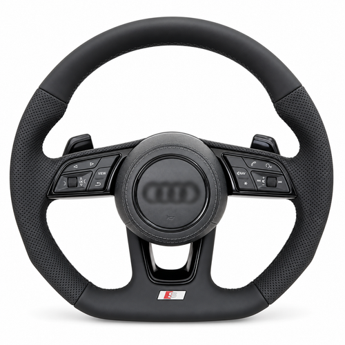 Audi B9 Flat-Bottom Sport Steering Wheel – Black Trim on white background; centre logo blurred