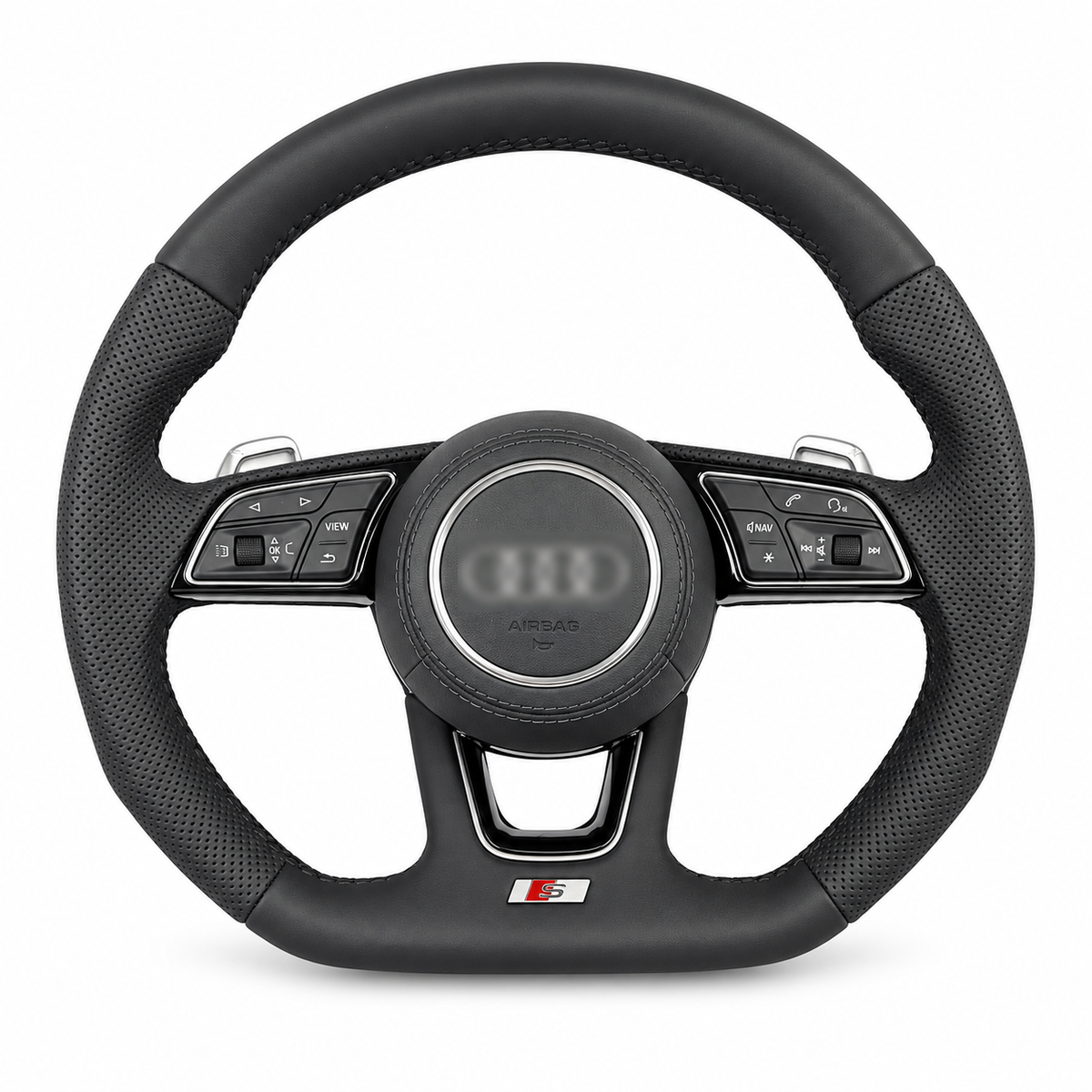 audi b9 silver detail steering wheel on white background, centre emblem blurred