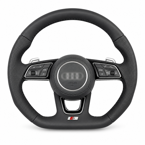 audi b9 silver detail steering wheel on white background, centre emblem blurred