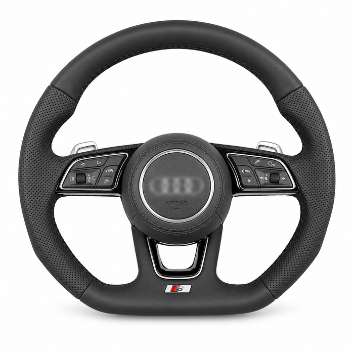 audi b9 silver detail steering wheel on white background, centre emblem blurred