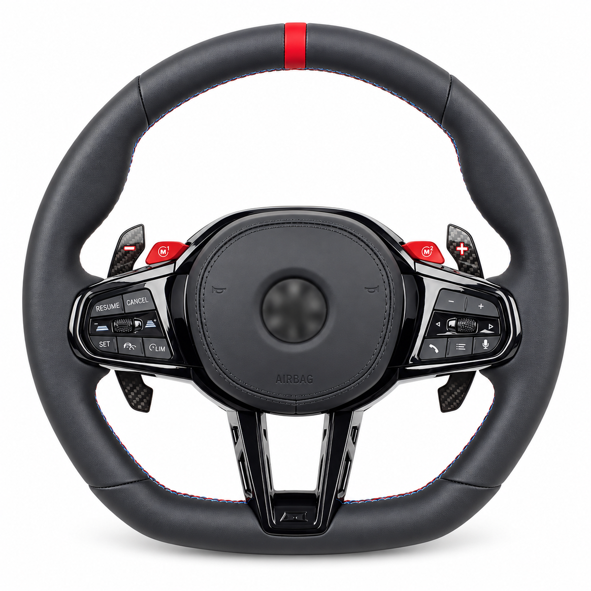 bmw cs black trim red stripe steering wheel on white background, centre emblem blurred