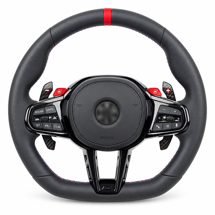 bmw cs black trim red stripe steering wheel on white background, centre emblem blurred