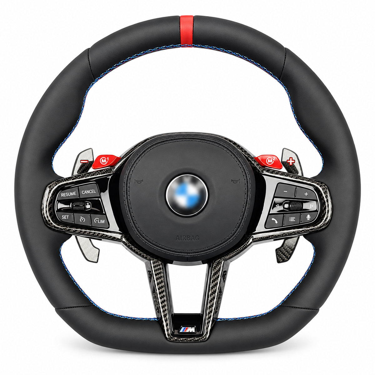 bmw cs carbon trim red stripe steering wheel on white background, centre emblem blurred