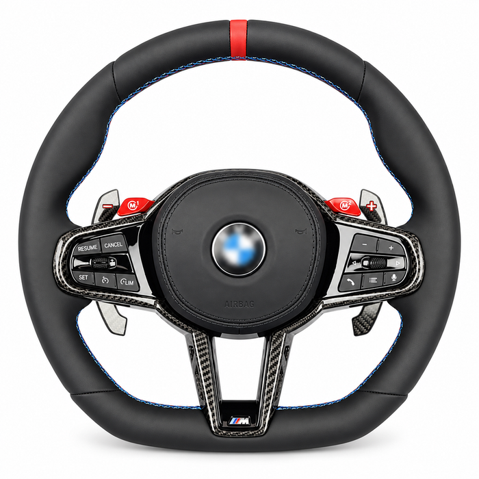 bmw cs carbon trim red stripe steering wheel on white background, centre emblem blurred