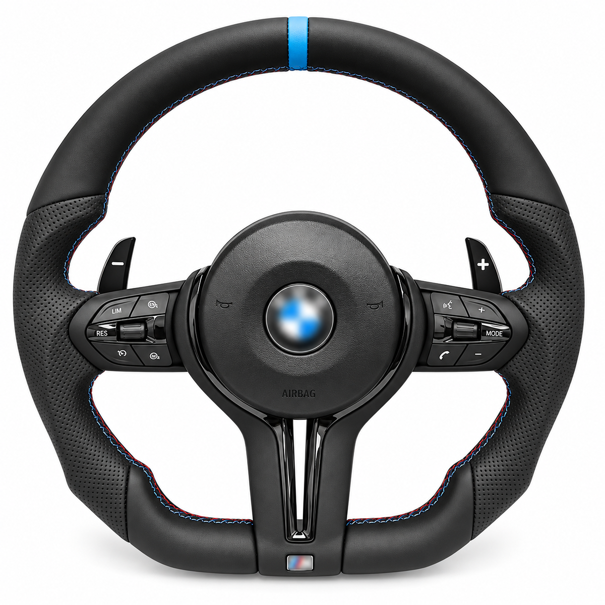 BMW Flat-Bottom Sport Steering Wheel – Blue Stripe on white background; centre logo blurred