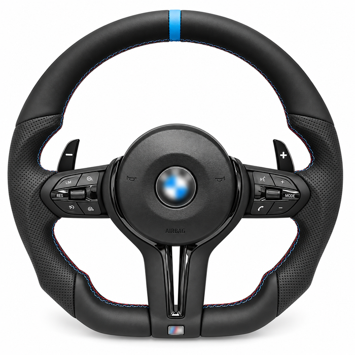 BMW Flat-Bottom Sport Steering Wheel – Blue Stripe on white background; centre logo blurred
