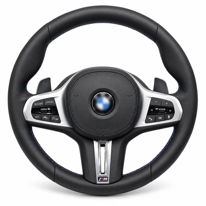 bmw g style silver trim steering wheel on white background, centre emblem blurred