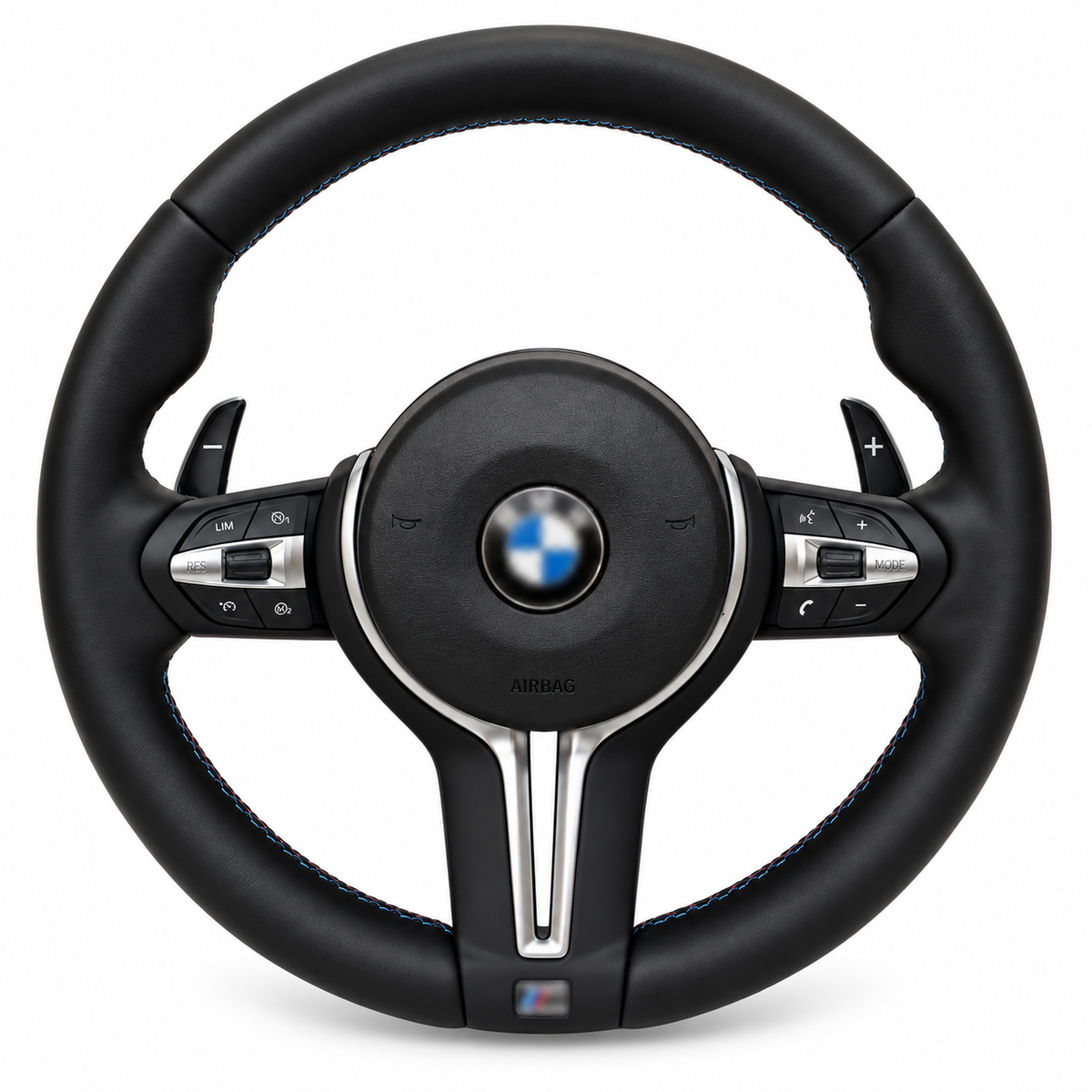 BMW round leather sport steering wheel with silver trim on white background