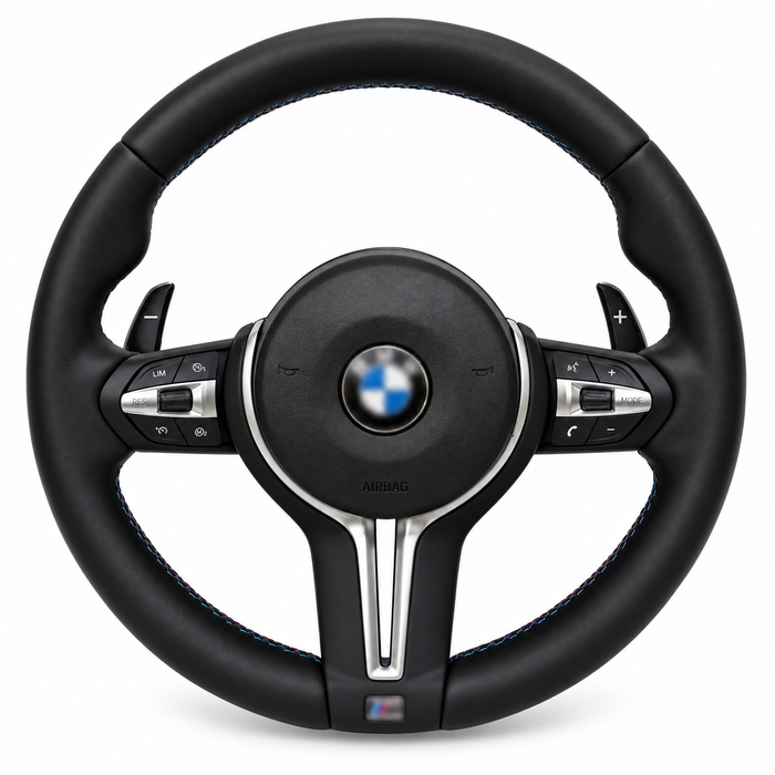 BMW round leather sport steering wheel with silver trim on white background