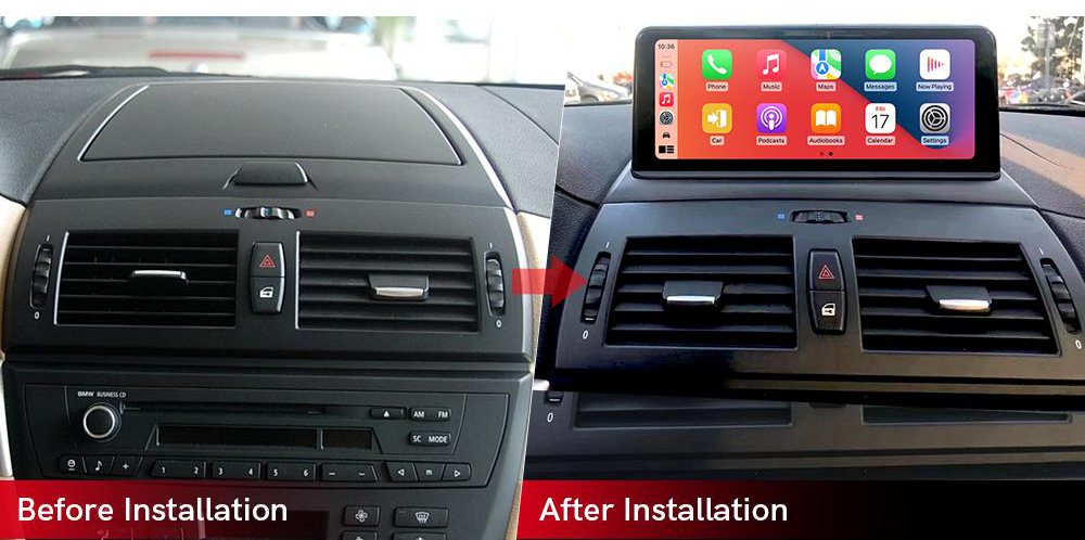 BMW X3 E83 freestanding Android screen 10.25" – dashboard installation comparison