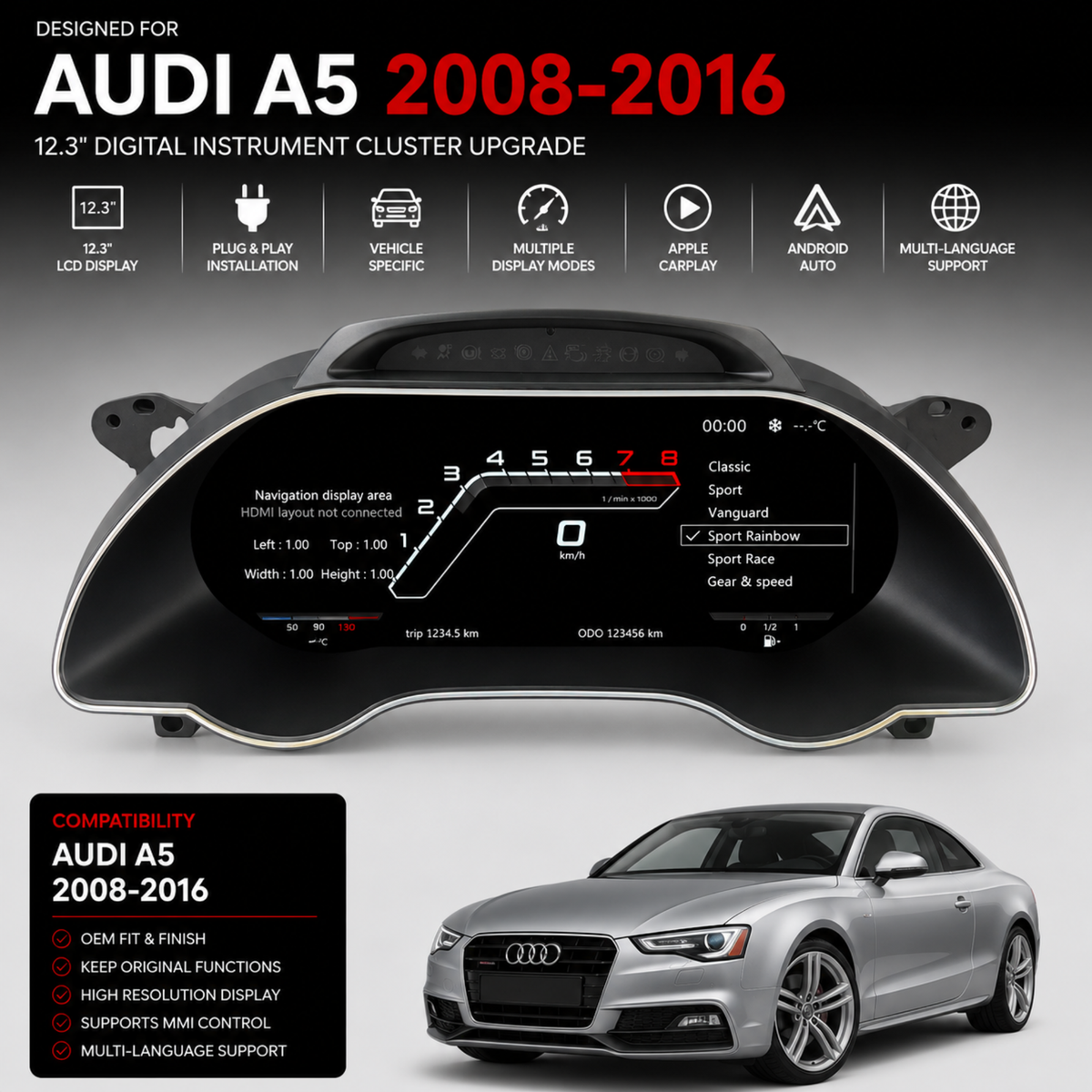 Audi A5 12.3" Digital Instrument Cluster 2008–2016 – product image 2 | Forza Performance