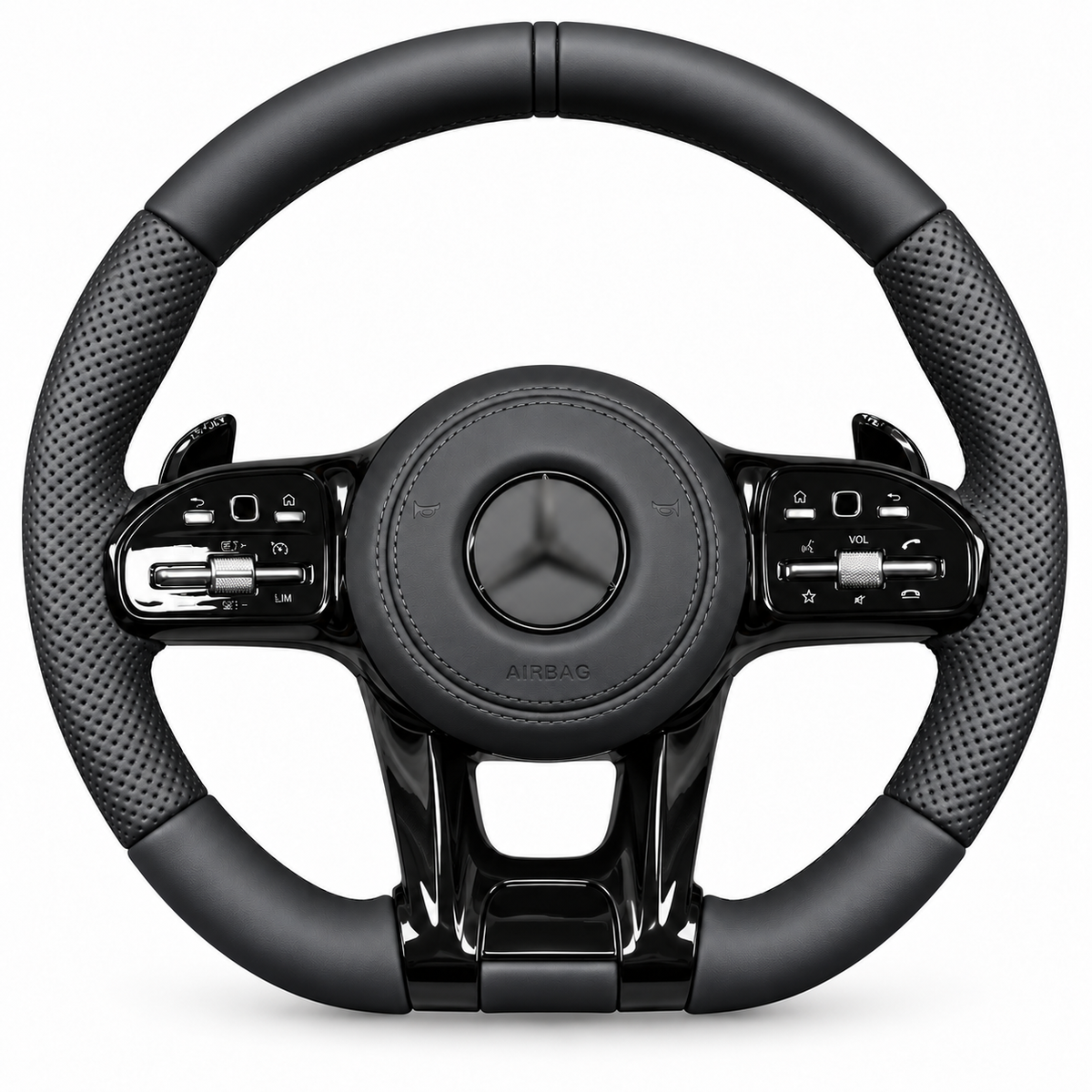 Mercedes-Benz AMG-style steering wheel – black trim, classic design, smooth upper and lower leather sections and perforated side grips