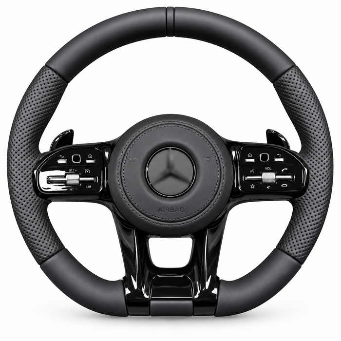 Mercedes-Benz AMG-style steering wheel – black trim, classic design, smooth upper and lower leather sections and perforated side grips