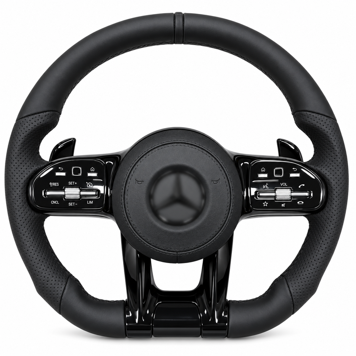 mercedes amg black trim steering wheel on white background, centre emblem blurred
