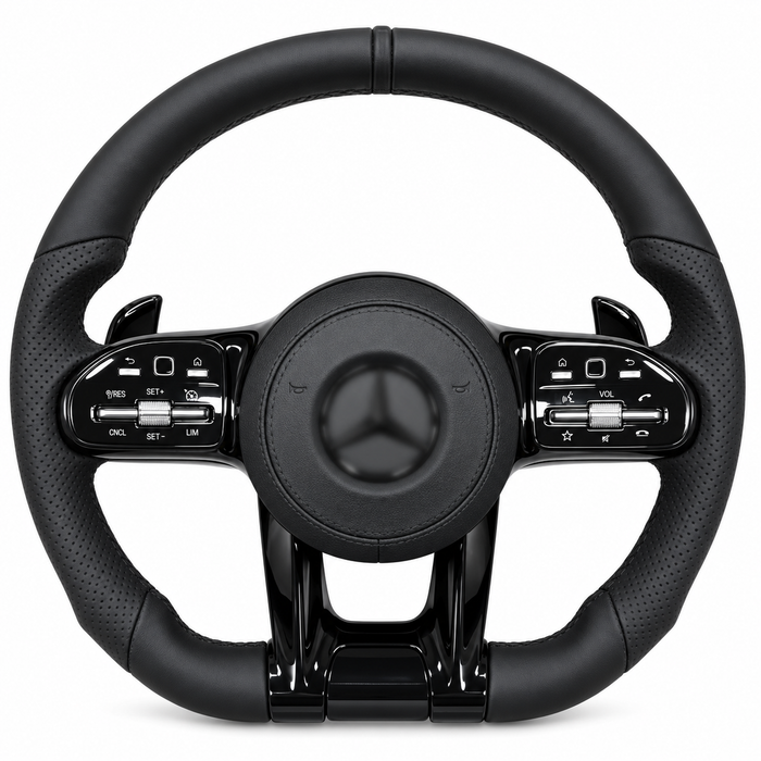 mercedes amg black trim steering wheel on white background, centre emblem blurred
