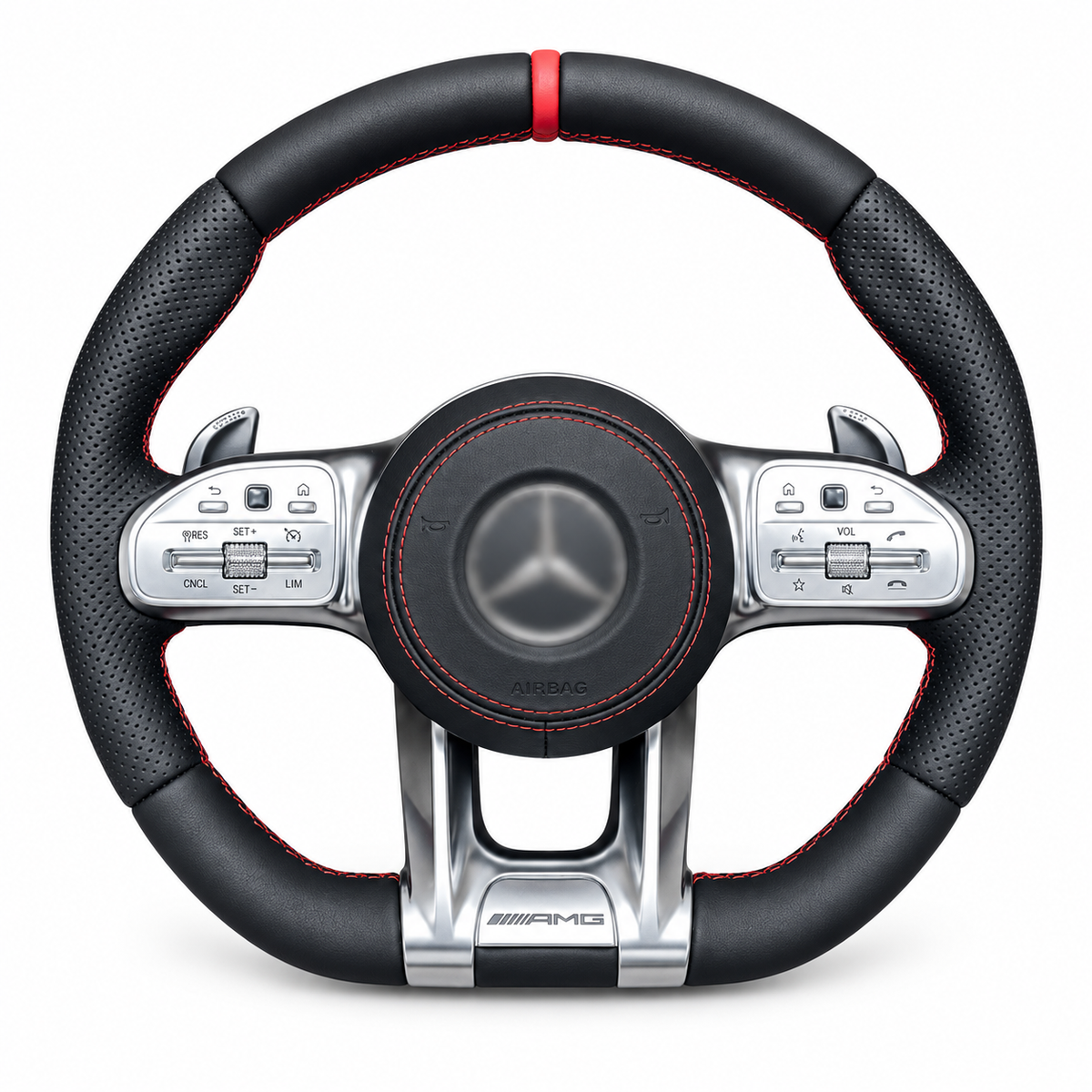 Mercedes-Benz AMG-Style Sport Steering Wheel – Silver Trim & Red Stripe on white background; centre logo blurred