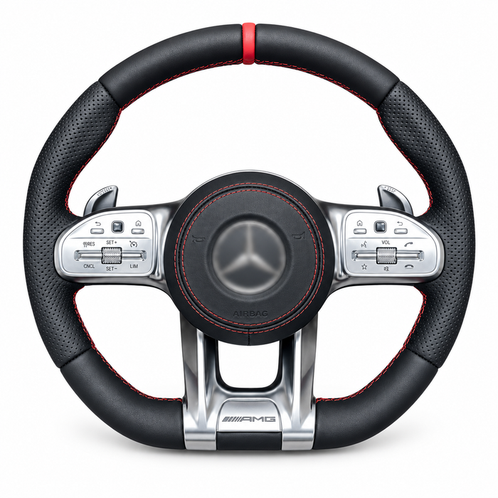 Mercedes-Benz AMG-Style Sport Steering Wheel – Silver Trim & Red Stripe on white background; centre logo blurred