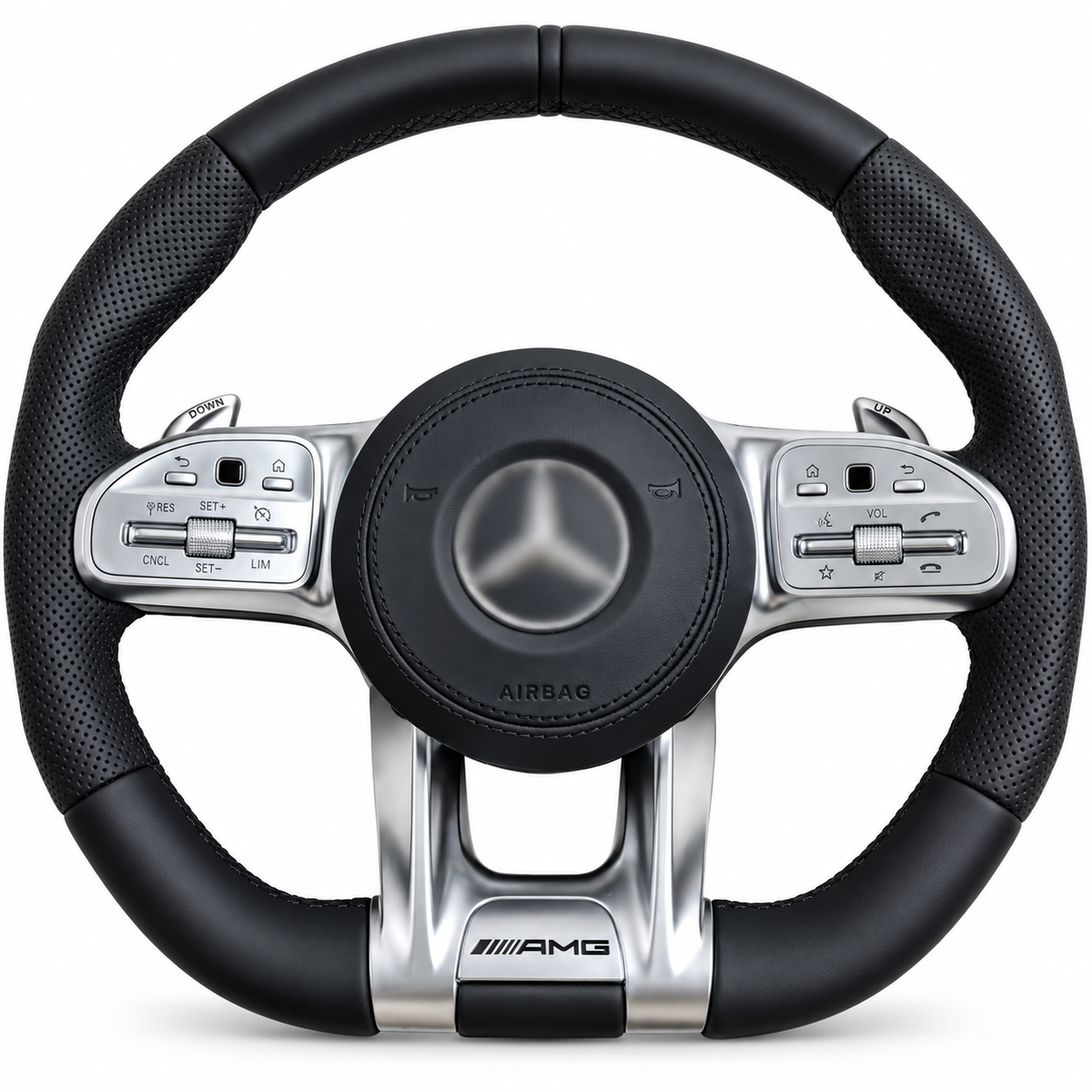 mercedes amg silver trim steering wheel on white background, centre emblem blurred