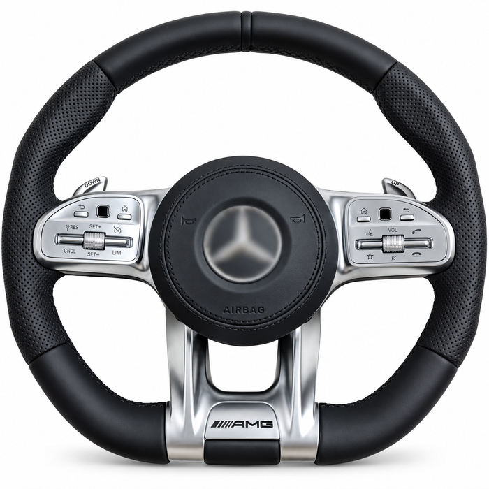 mercedes amg silver trim steering wheel on white background, centre emblem blurred