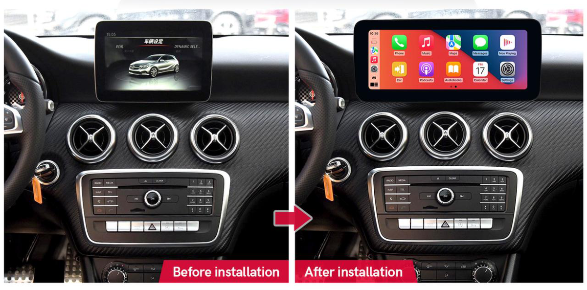 Mercedes-Benz A-Class / CLA / GLA freestanding Android screen 10.25" – dashboard installation comparison