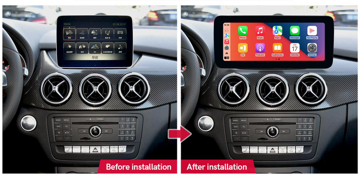 Mercedes-Benz B-Class W246 freestanding Android screen 10.25" – dashboard installation comparison