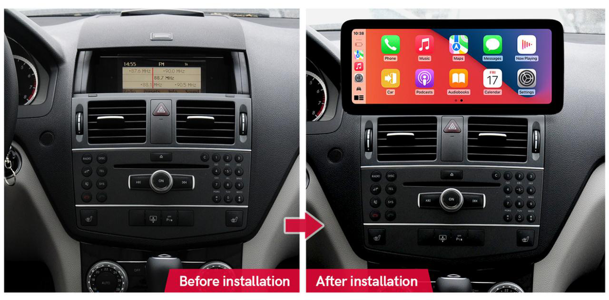 Mercedes-Benz C-Class W204 2008–2010 freestanding Android screen 12.3" – dashboard installation comparison