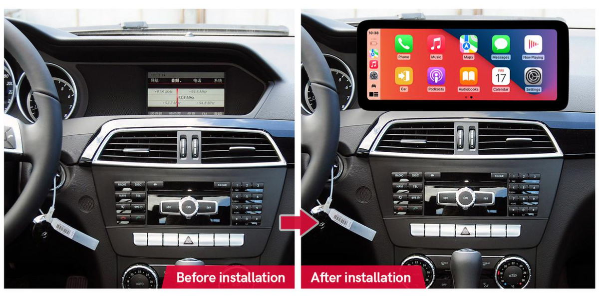 Mercedes-Benz C-Class W204 2011–2014 freestanding Android screen 12.3" – dashboard installation comparison