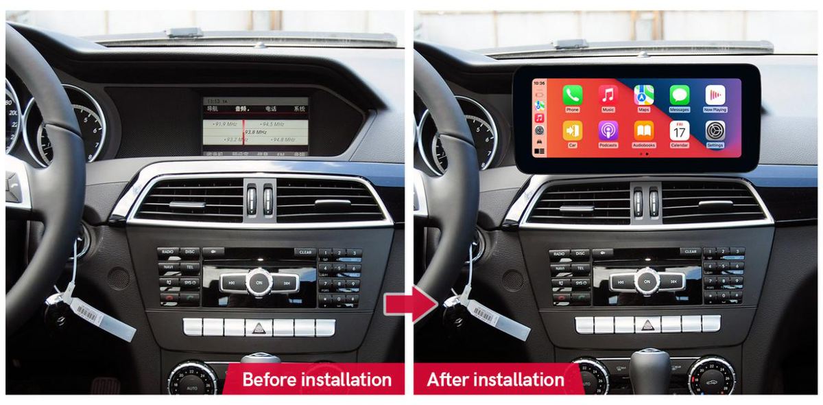 Mercedes-Benz C-Class W204 2011–2014 freestanding Android screen 10.25" – dashboard installation comparison