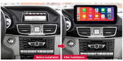 Mercedes-Benz E-Class W212 NTG 4.5 / 5.0 freestanding Android screen 10.25" – dashboard installation comparison