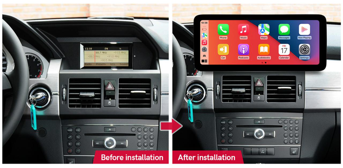 Mercedes-Benz GLK X204 2009–2012 freestanding Android screen 12.3" – dashboard installation comparison