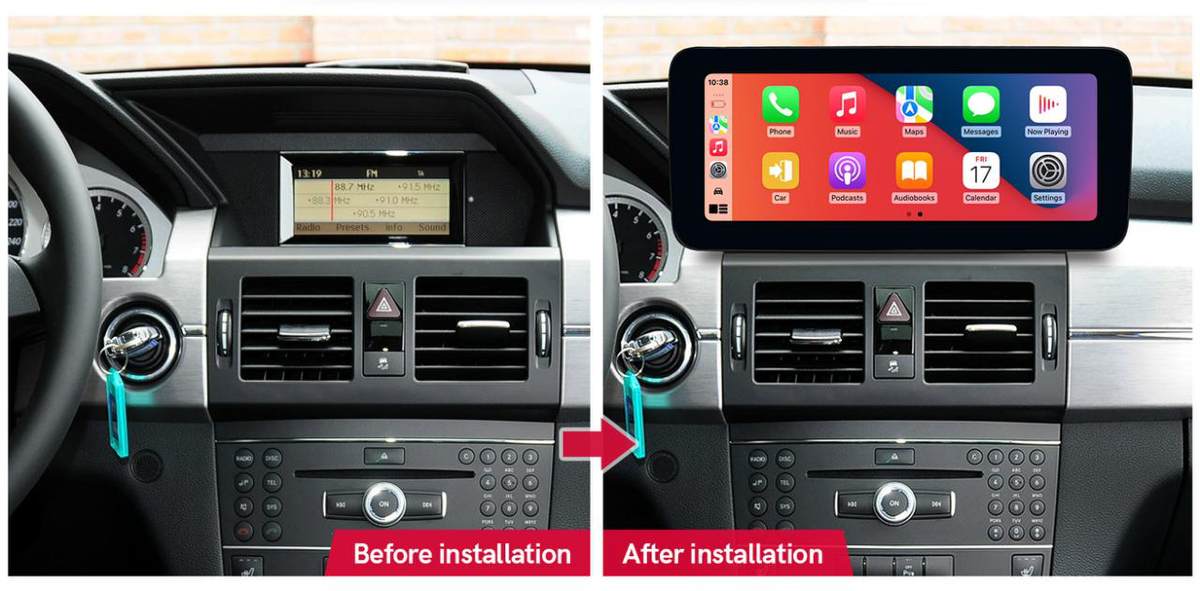 Mercedes-Benz GLK X204 2009–2012 freestanding Android screen 10.25" – dashboard installation comparison