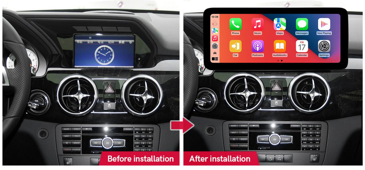 Mercedes-Benz GLK X204 2013–2015 freestanding Android screen 12.3" – dashboard installation comparison