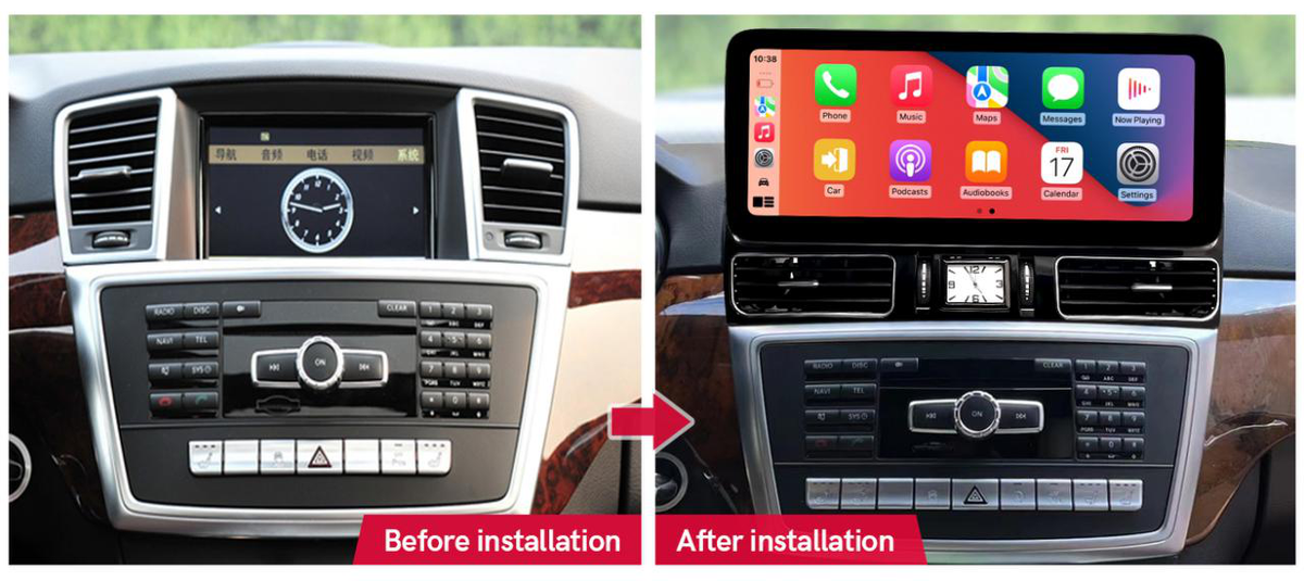 Mercedes-Benz ML / GL freestanding with vent frame Android screen 12.3" – dashboard installation comparison
