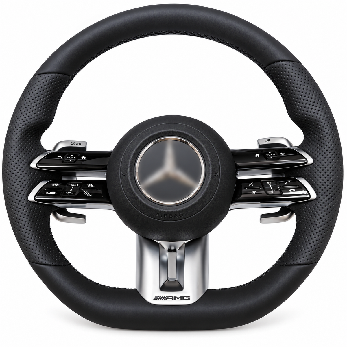 mercedes twin spoke silver trim steering wheel on white background, centre emblem blurred