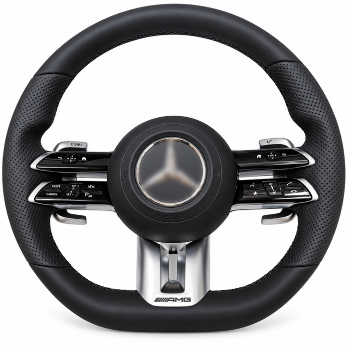 mercedes twin spoke silver trim steering wheel on white background, centre emblem blurred