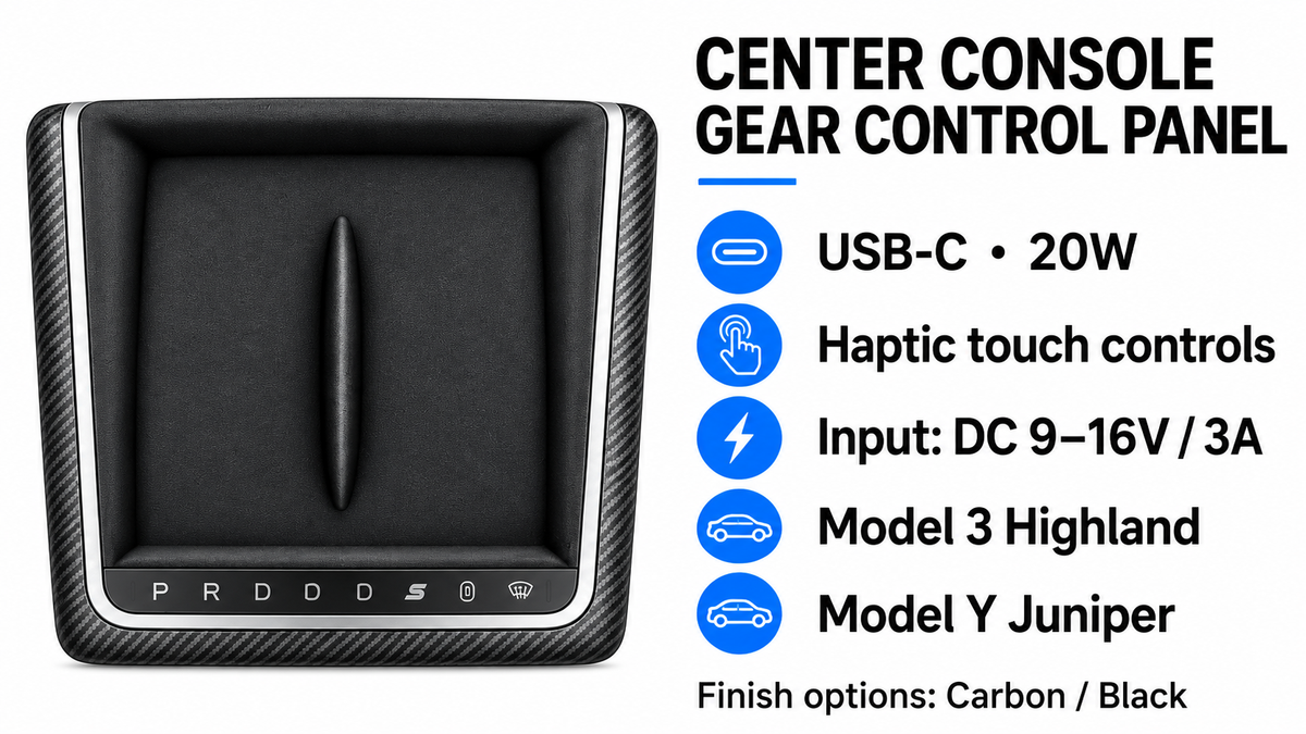 Tesla Center Console Gear Control Panel – features and carbon or black finishes