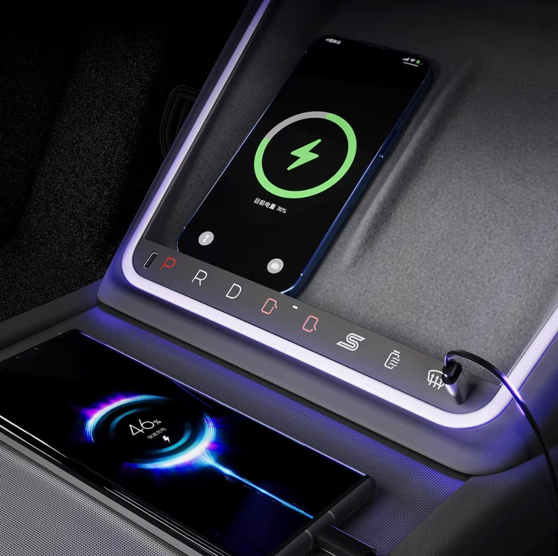 Tesla Center Console Gear Control Panel – installed with phone and ambient lighting