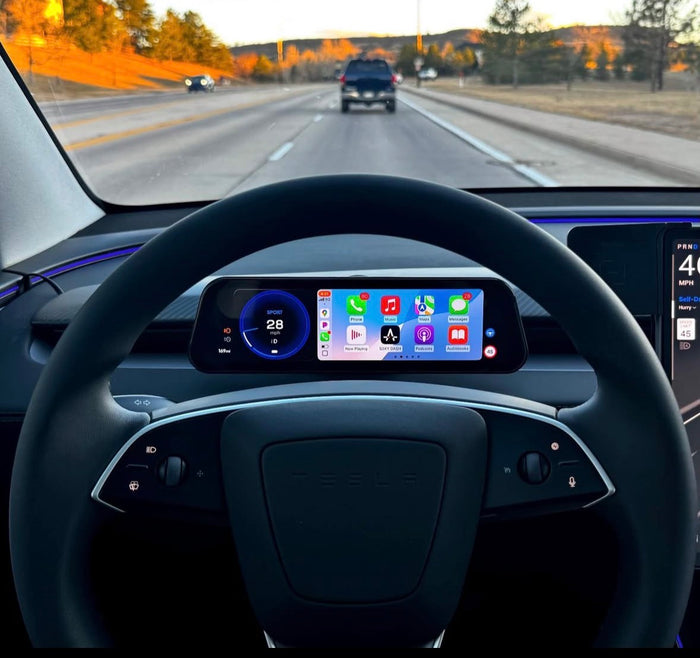 Tesla Digital Instrument Cluster  Plus – driving view with connected apps