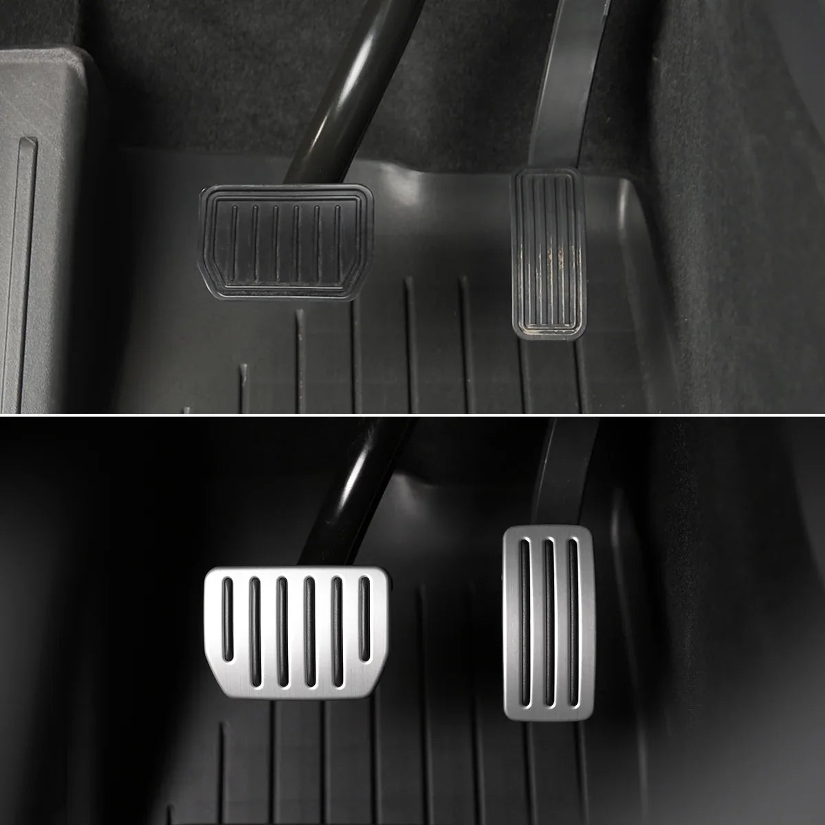 Tesla Model 3/Y Aluminium Performance Pedal Set – before and after installation
